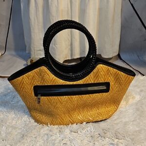 MX Woven Straw Tote Bag Black‎ Handle & Trim, Summer Beach Purse, Designer